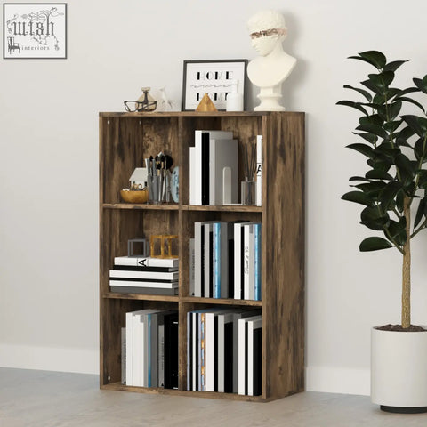 Rustic brown wooden six-cube bookcase with particle board structure displaying books and decorative items