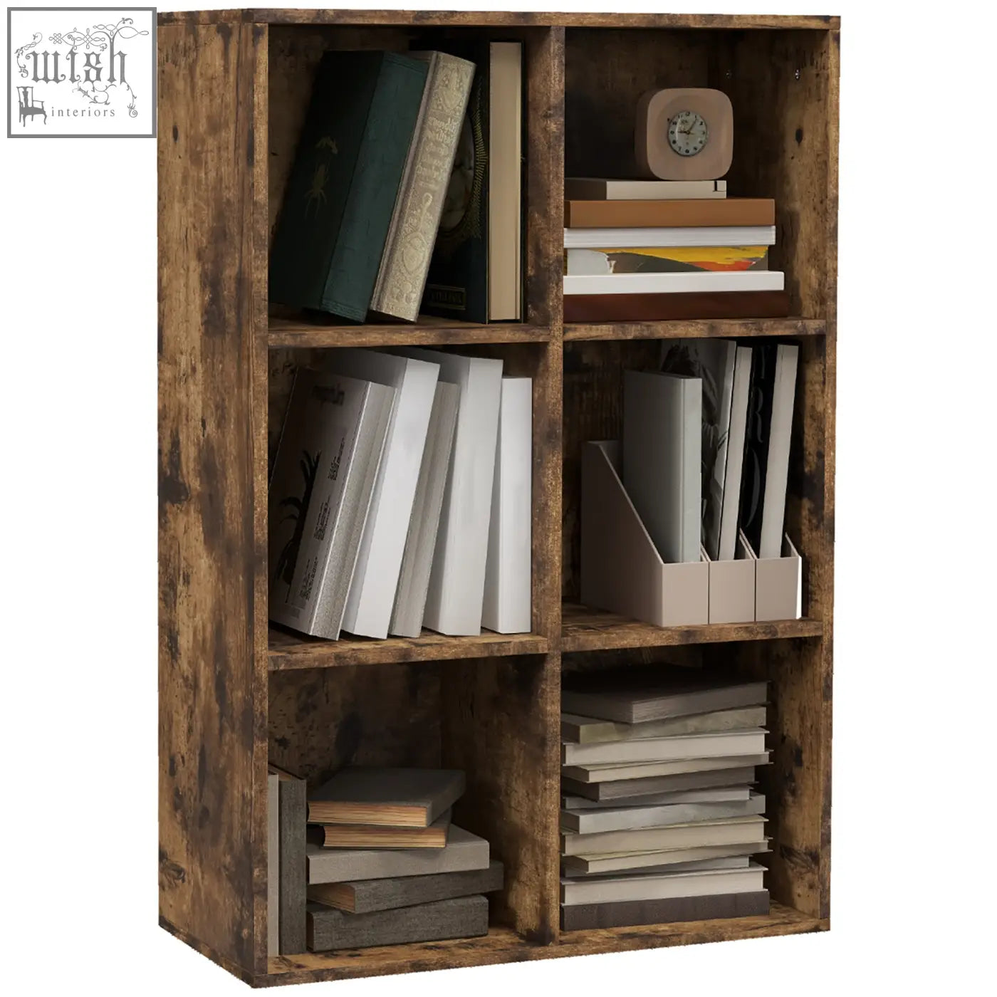 Rustic brown wooden six-cube bookshelf with particle board structure holding books and decorative items by homcom