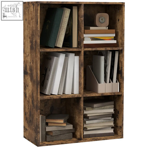 Rustic brown wooden six-cube bookshelf with particle board structure holding books and decorative items by homcom