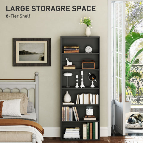 Black HOMCOM six shelf bookcase with particle board construction and four adjustable shelves for ample storage