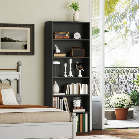Black homcom six shelf bookcase made of particle board with four adjustable shelves holding books and decor items