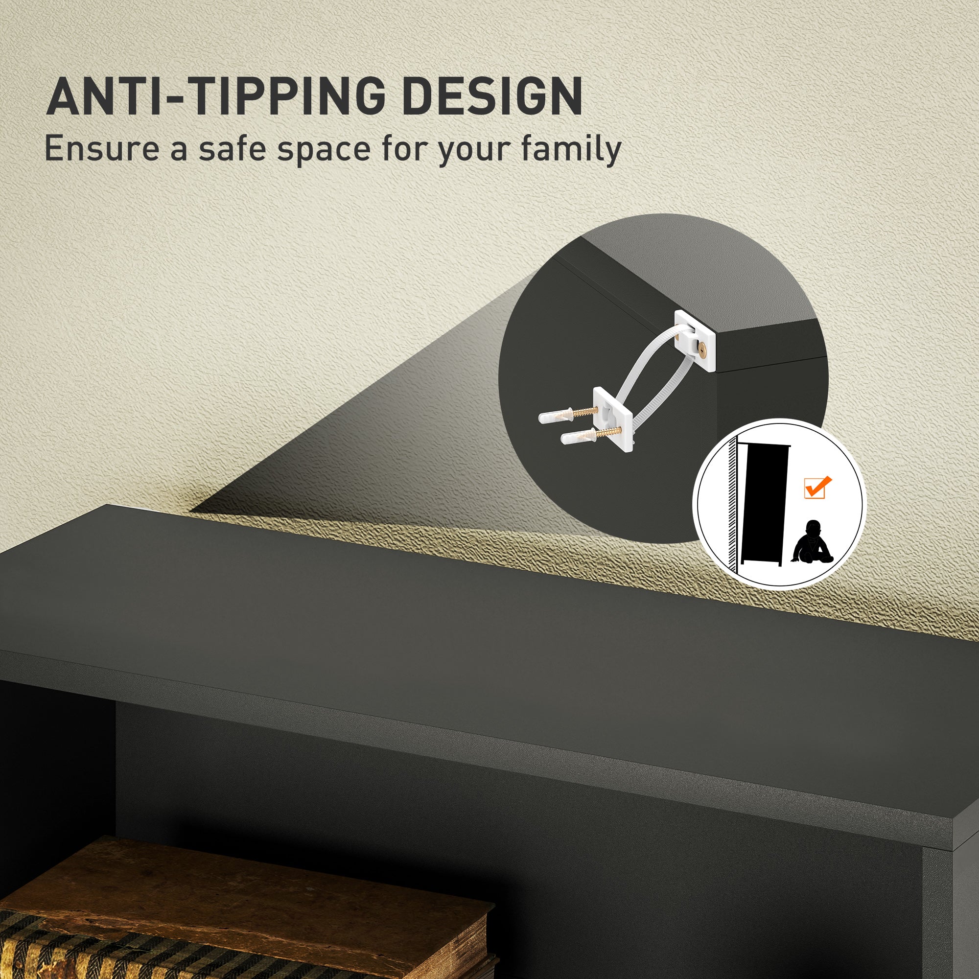 Black anti-tipping shelf bracket with white clips and screws for homcom six shelf bookcase with four adjustable shelves particle board