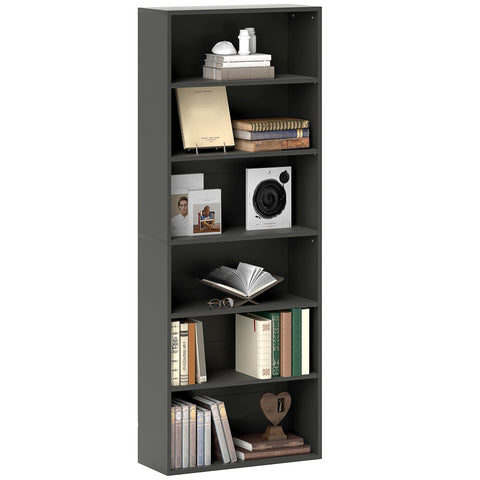 Dark gray particle board bookcase with five sleek shelves and four adjustable shelves for versatile storage space
