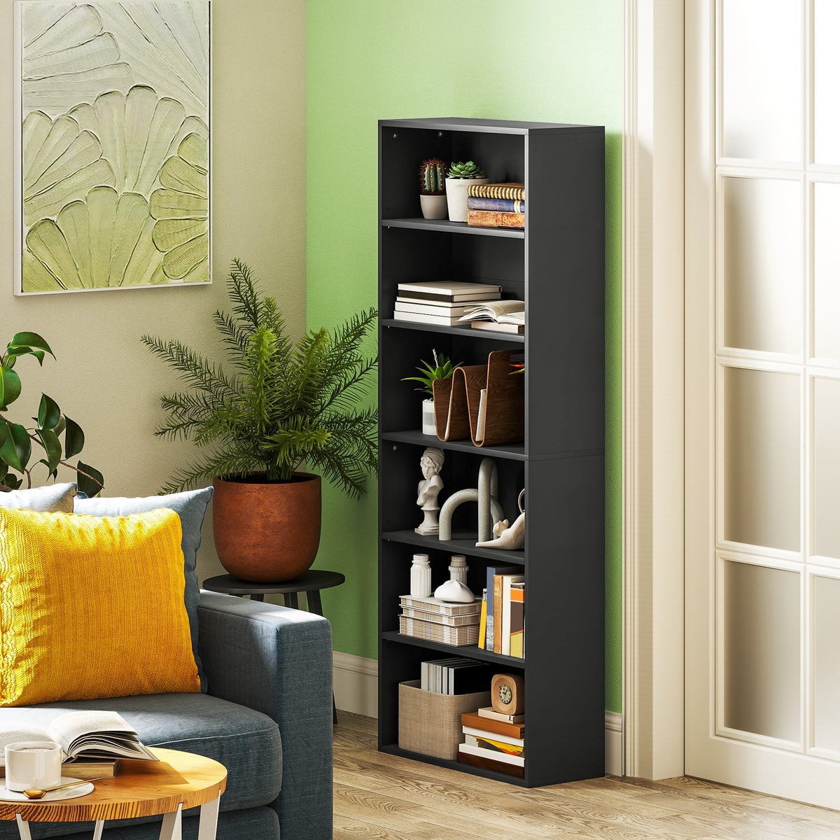 Black homcom six shelf bookcase with particle board construction and four adjustable shelves for versatile storage
