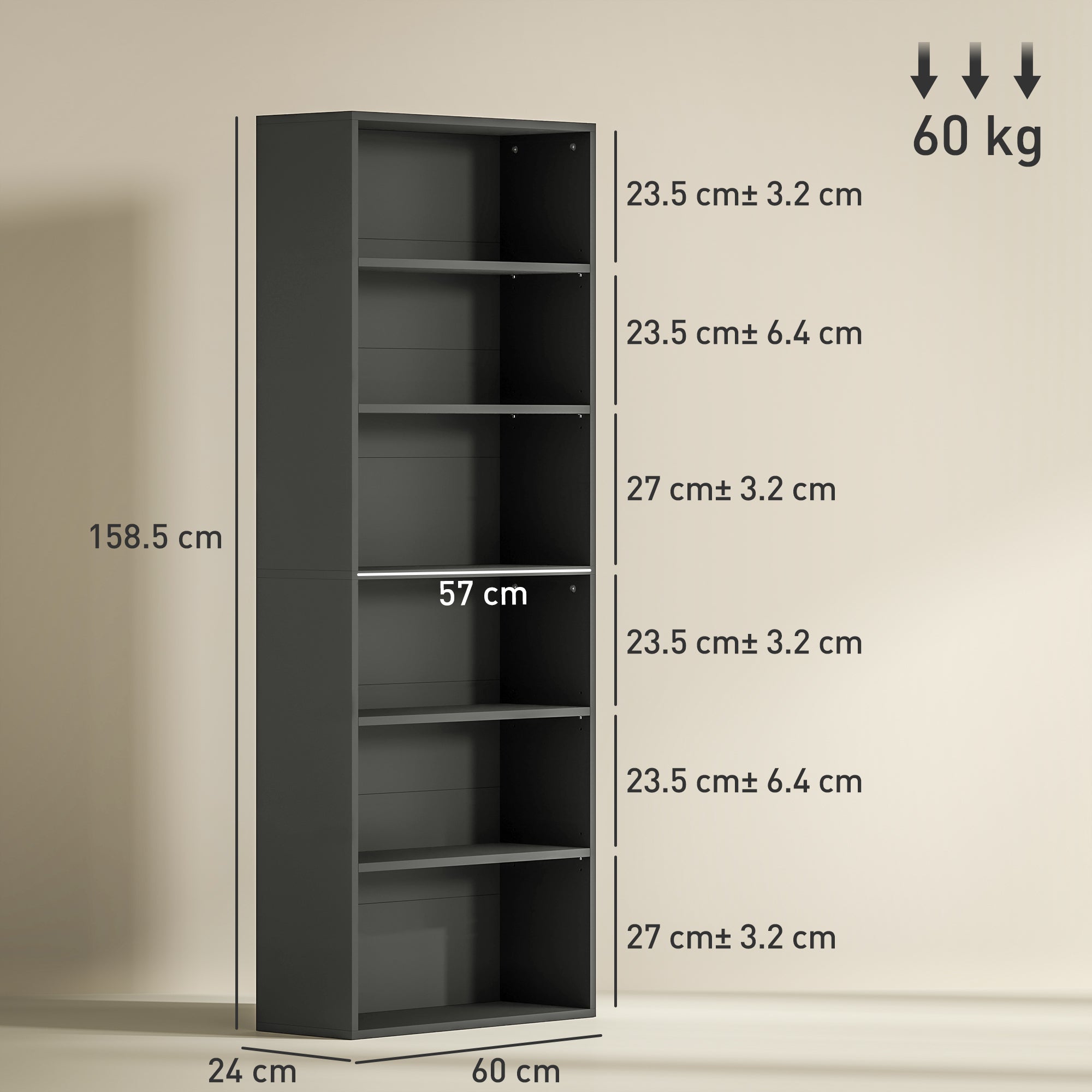 Black matte particle board bookcase with five adjustable shelves by HOMCOM for versatile storage needs