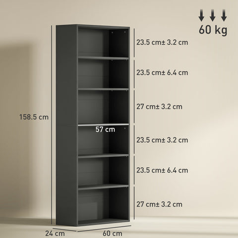 Black matte particle board bookcase with five adjustable shelves by HOMCOM for versatile storage needs