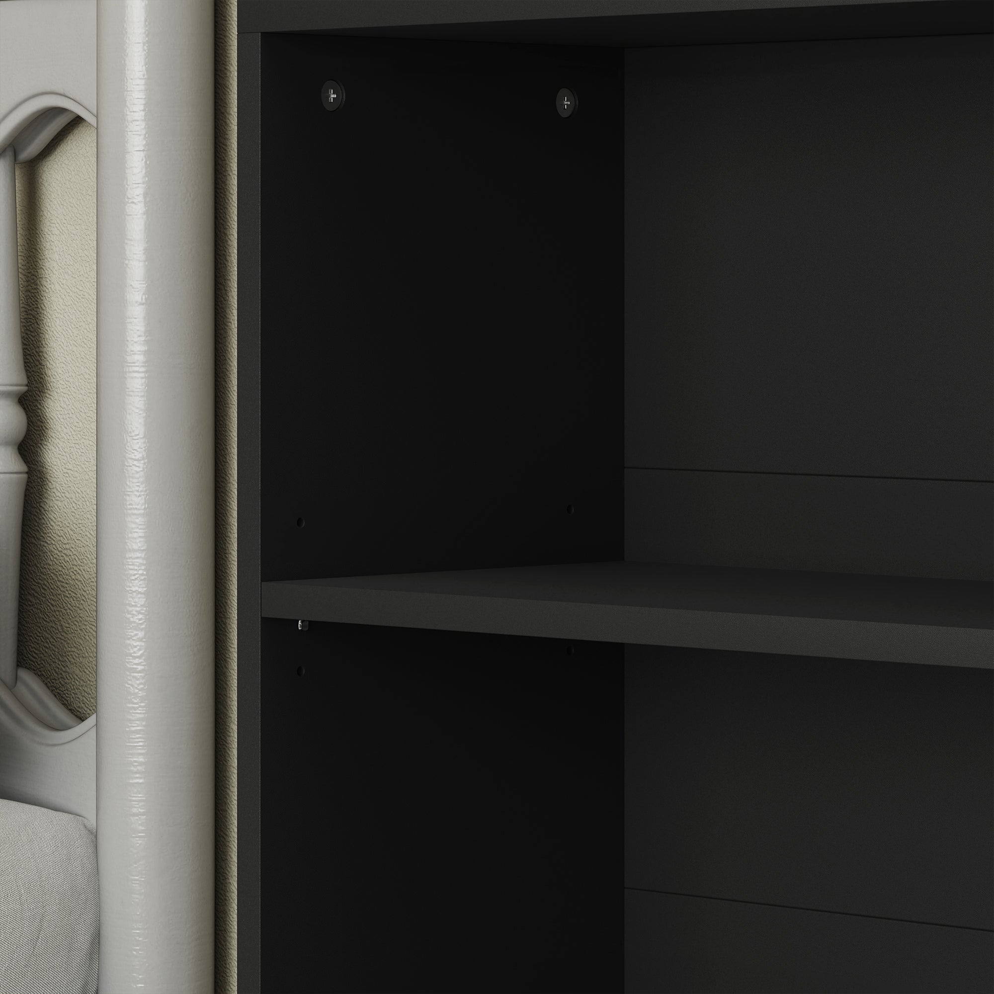 White-painted wooden bookshelf with decorative frame and dark shelves featuring four adjustable particle board shelves