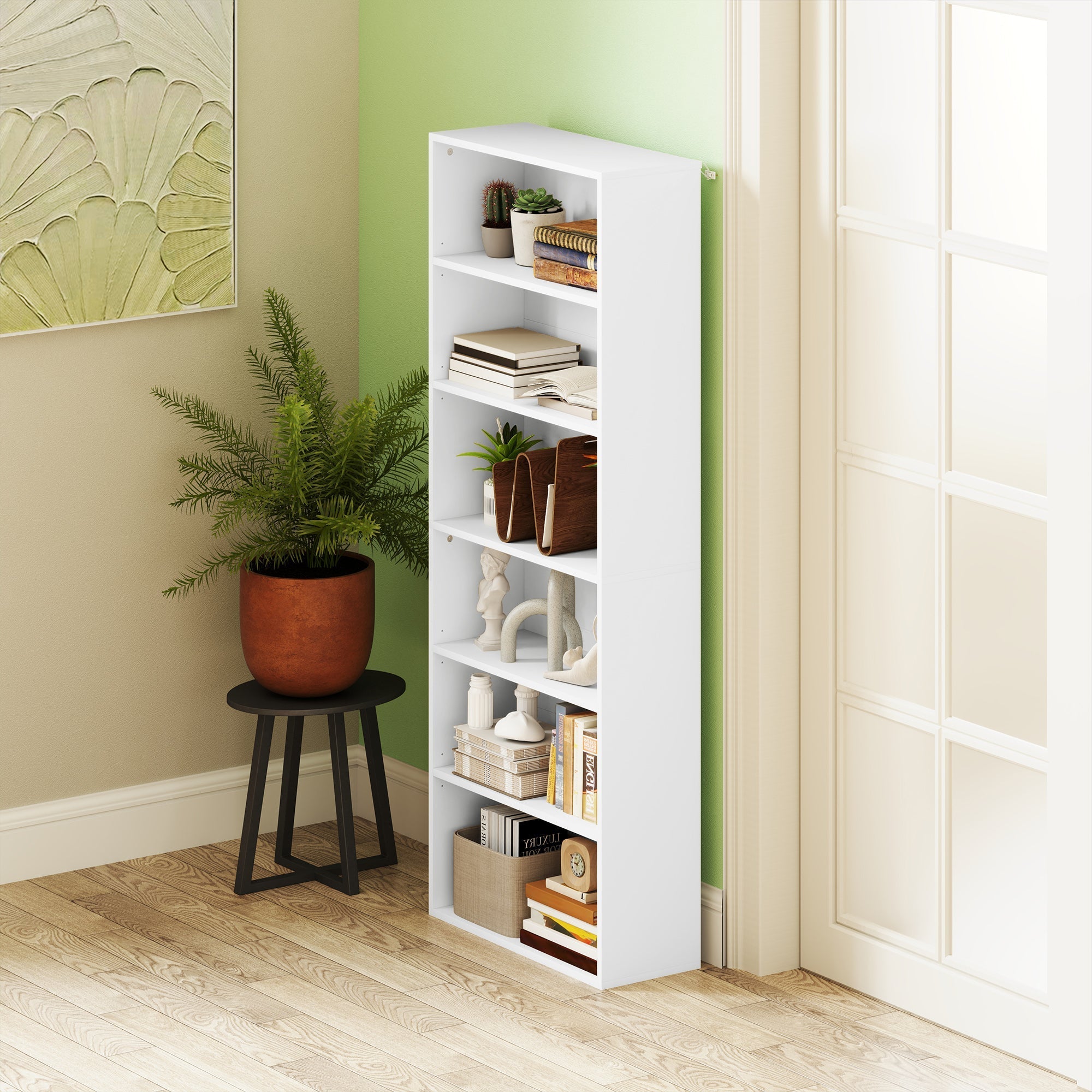 White homcom six shelf bookcase with clean lines made of particle board and four adjustable shelves for books and decor