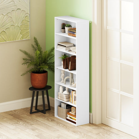 White homcom six shelf bookcase with clean lines made of particle board and four adjustable shelves for books and decor