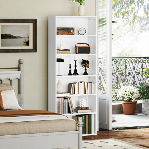 White particle board homcom six shelf bookcase with four adjustable shelves displaying books and vintage radio