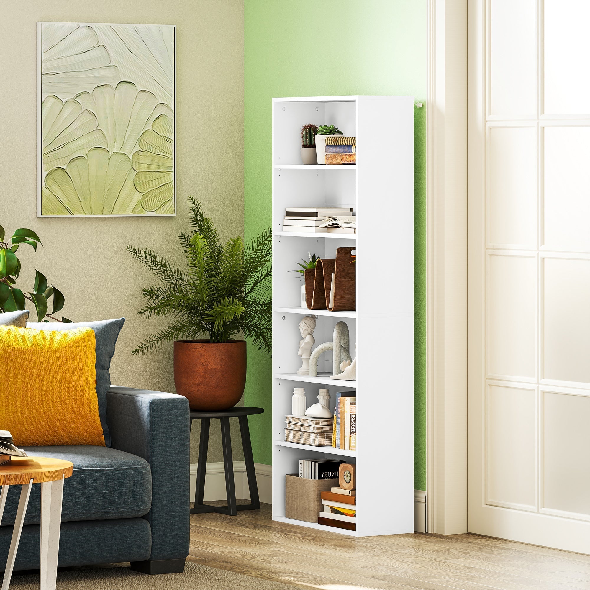 White homcom six shelf bookcase with particle board construction and four adjustable shelves in minimalist design