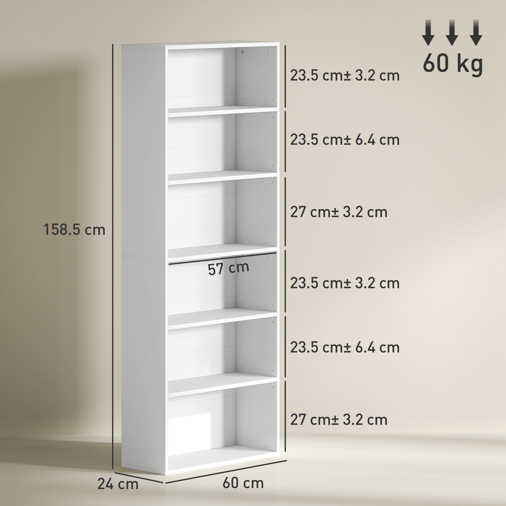 White minimalist particle board bookcase with six adjustable shelves by HOMCOM perfect for home storage