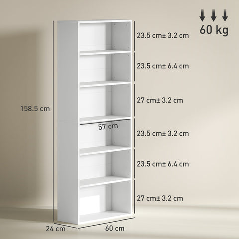 White minimalist particle board bookcase with six adjustable shelves by HOMCOM perfect for home storage