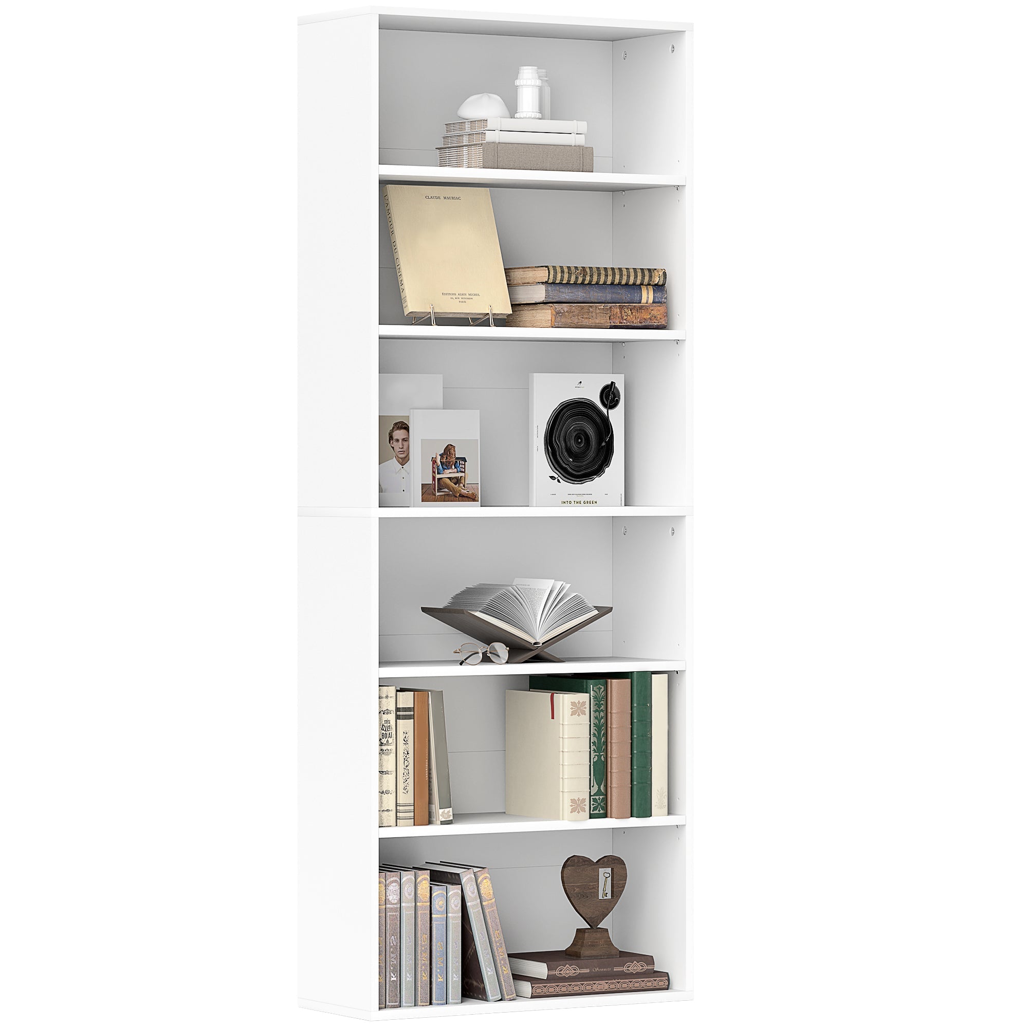 White minimalist six shelf bookcase by homcom made of particle board with four adjustable shelves for flexible storage