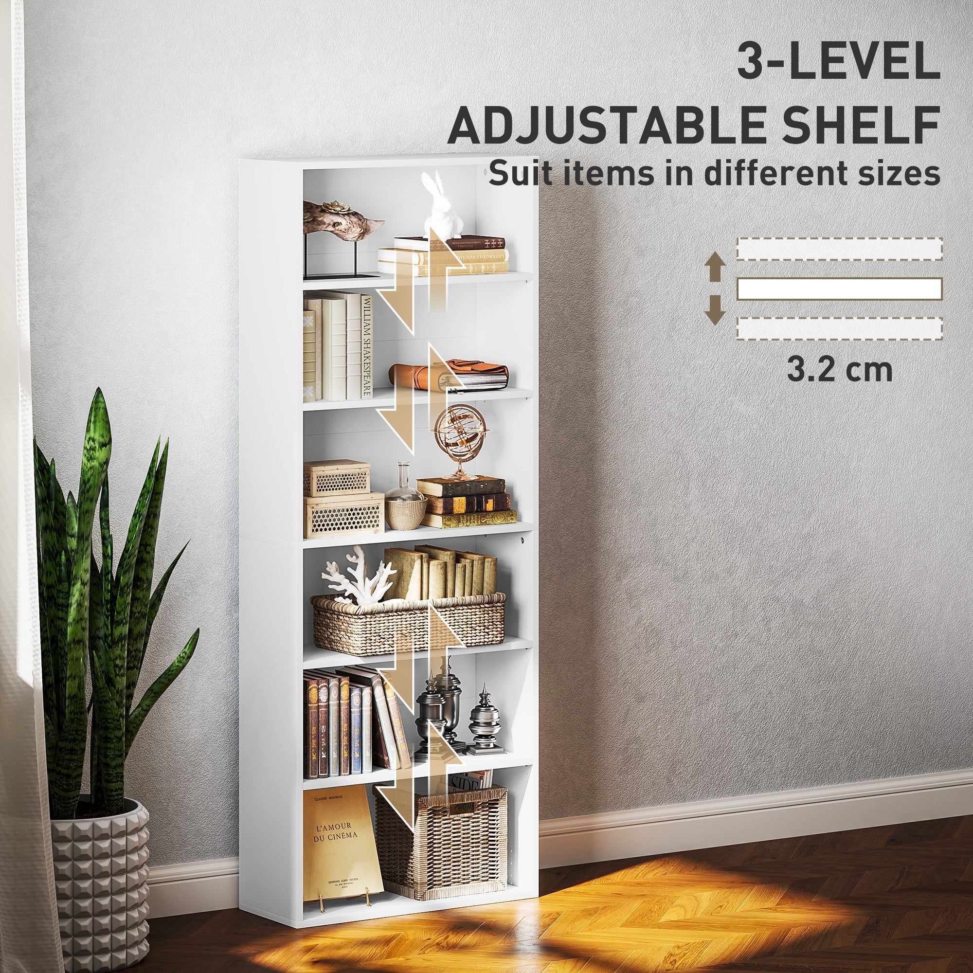 White modern particle board HOMCOM six shelf bookcase with four adjustable shelves for versatile storage