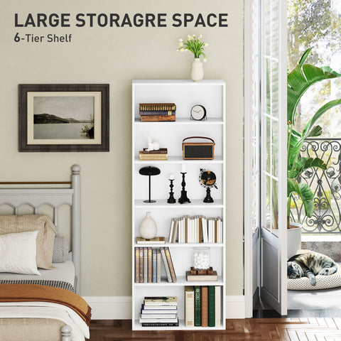White homcom six shelf bookcase with particle board material and four adjustable shelves for modern home decor