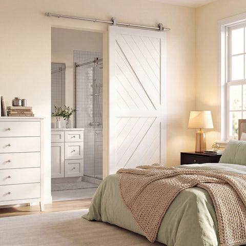 White barn door with diagonal wood planks and silver tone heavy duty 304 stainless steel sliding door hardware kit