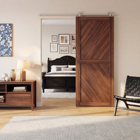 Rich brown wooden sliding door with diagonal planks using homcom sliding door hardware kit heavy duty silver tone