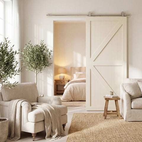 Cream-colored wooden sliding barn door with x-shaped design using homcom sliding door hardware kit in silver tone