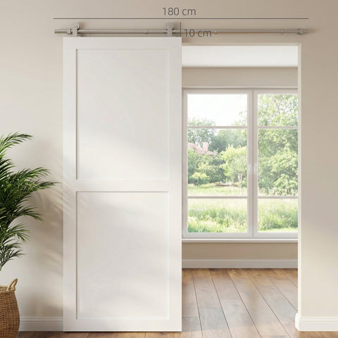 White two-panel sliding barn door with smooth finish featuring homcom sliding door hardware kit in silver stainless steel