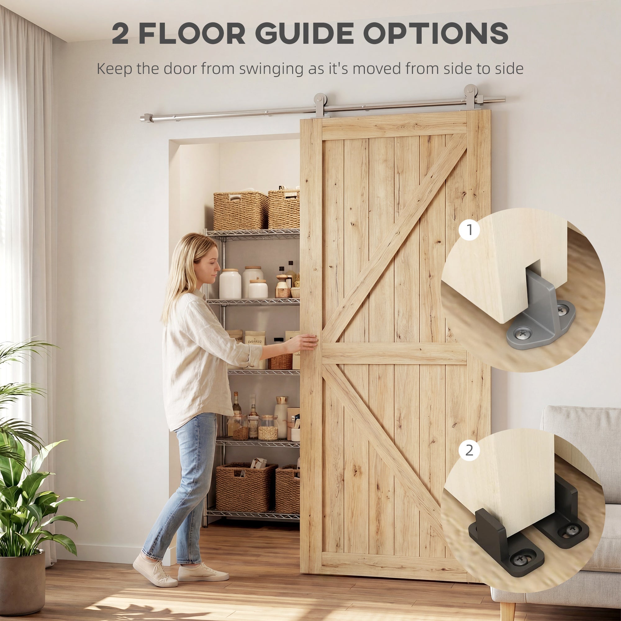 Light-colored wooden barn door with diagonal cross-brace paired with homcom sliding door hardware kit in silver tone