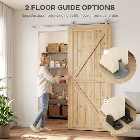 Light-colored wooden barn door with diagonal cross-brace paired with homcom sliding door hardware kit in silver tone