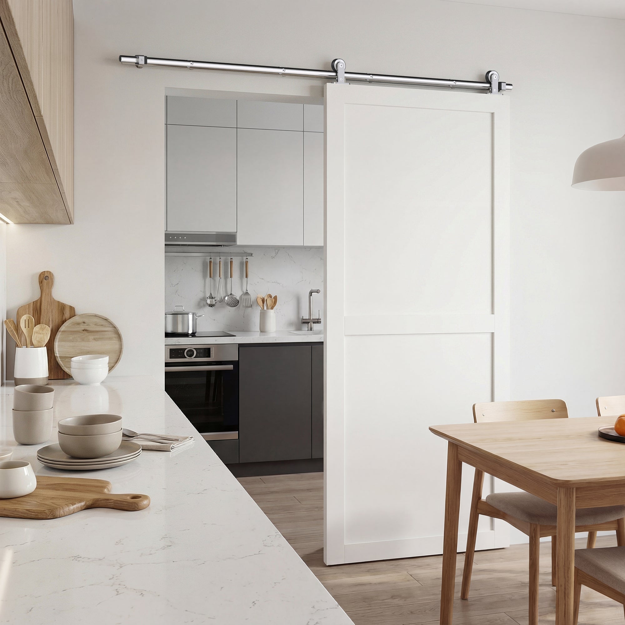 White sliding barn door with sleek modern design and metallic hardware using homcom stainless steel sliding door hardware kit