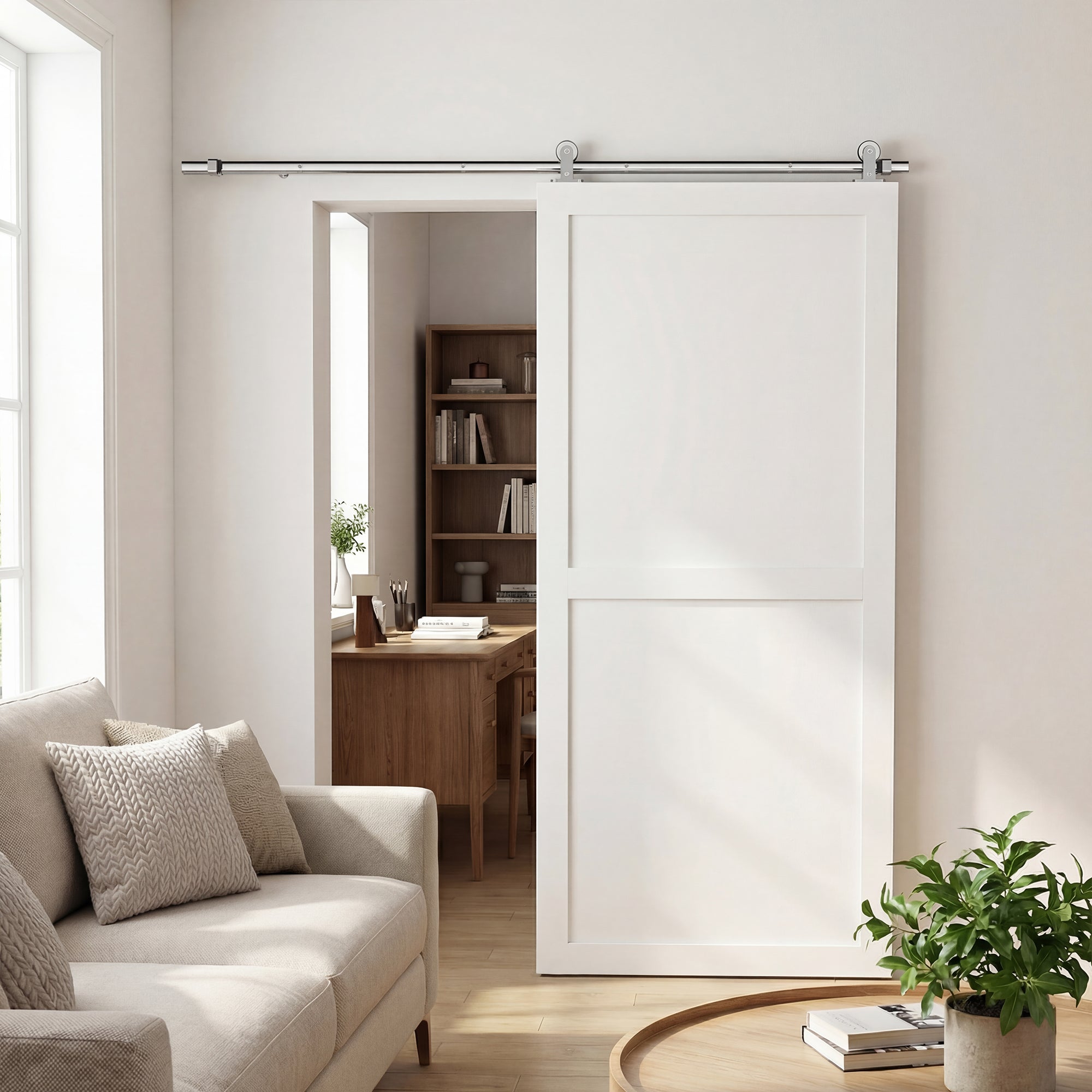 White sliding barn door with sleek minimalist design paired with homcom sliding door hardware kit in silver steel