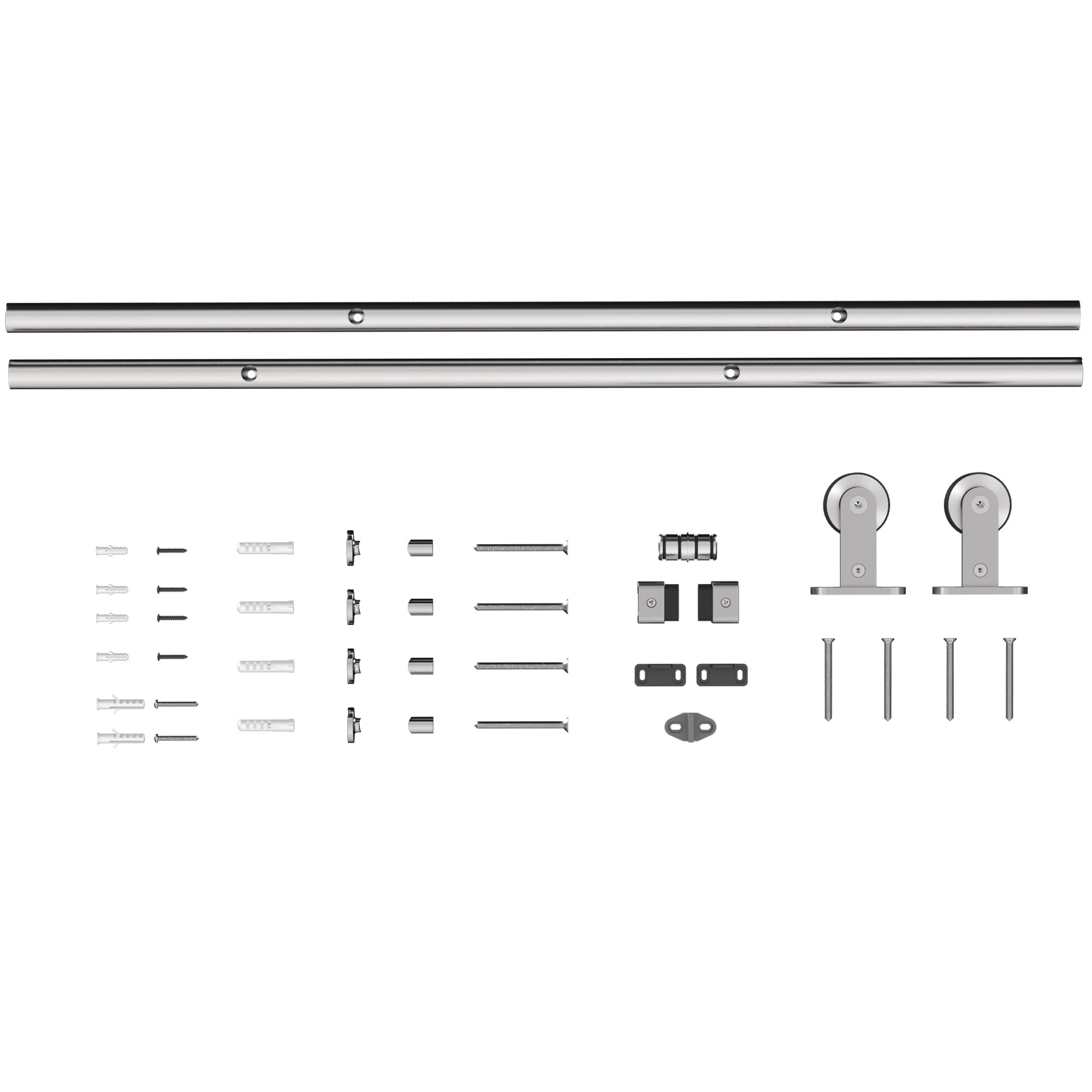 Silver finished 304 stainless steel sliding door hardware kit with two long tracks and roller assemblies for smooth sliding door