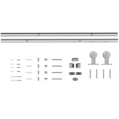 Silver finished 304 stainless steel sliding door hardware kit with two long tracks and roller assemblies for smooth sliding door