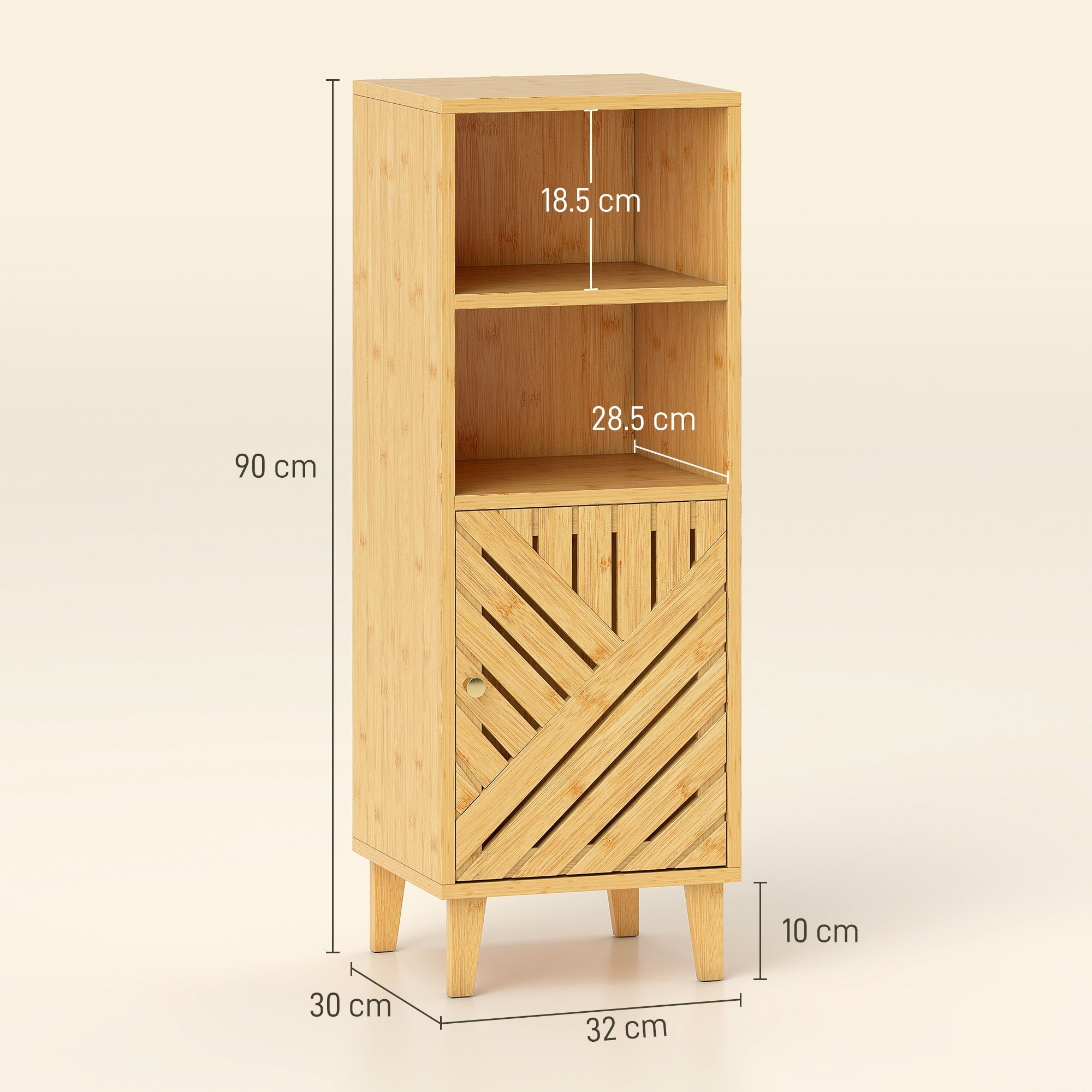 Homcom slim bathroom cabinet with varnished bamboo door and legs in natural wood finish with open shelves