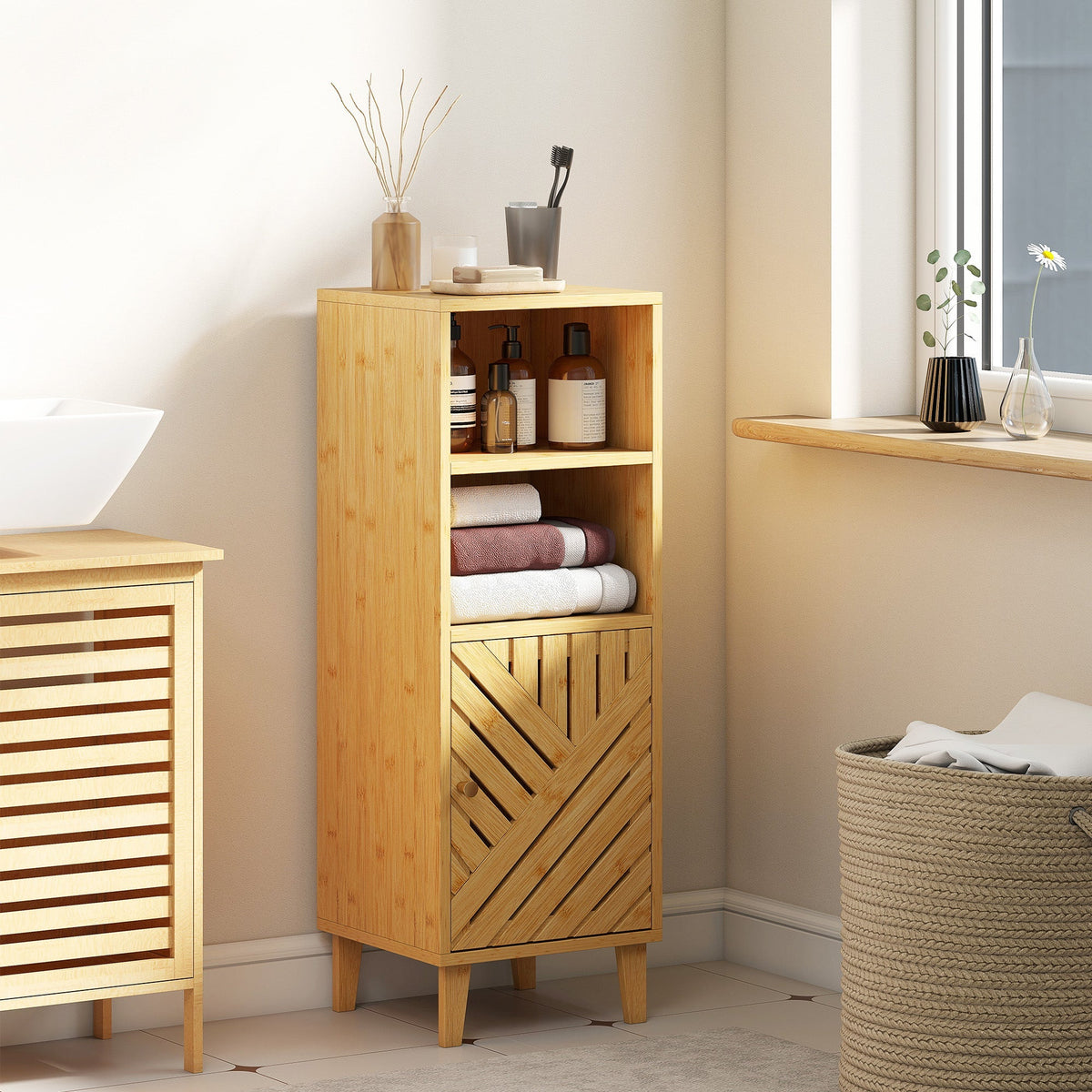 Light wood homcom bathroom cabinet with varnished bamboo door and open shelving for narrow storage space
