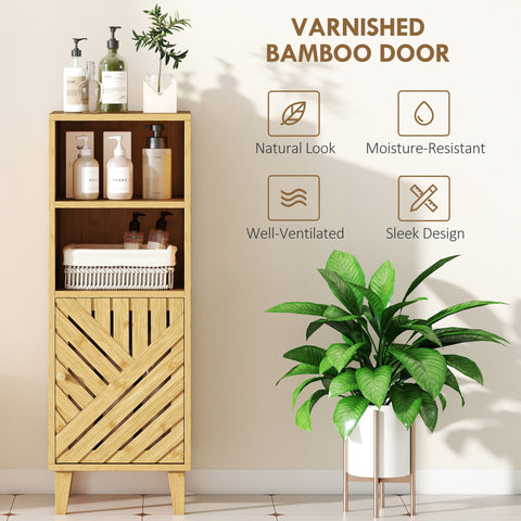 Homcom slim bathroom cabinet with a tall varnished bamboo door and wooden legs in natural wood finish
