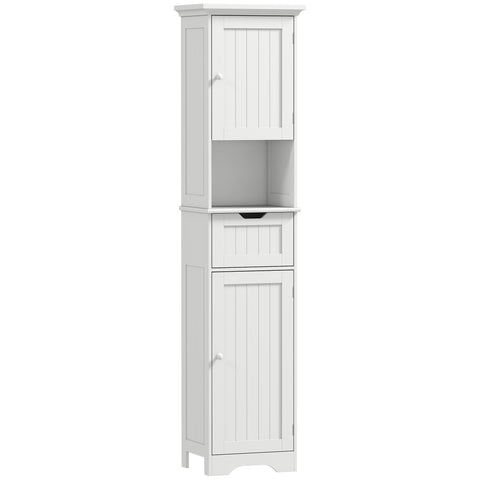 White wooden bathroom cabinet with vertical panel doors and drawer featuring led lights with three-metre range