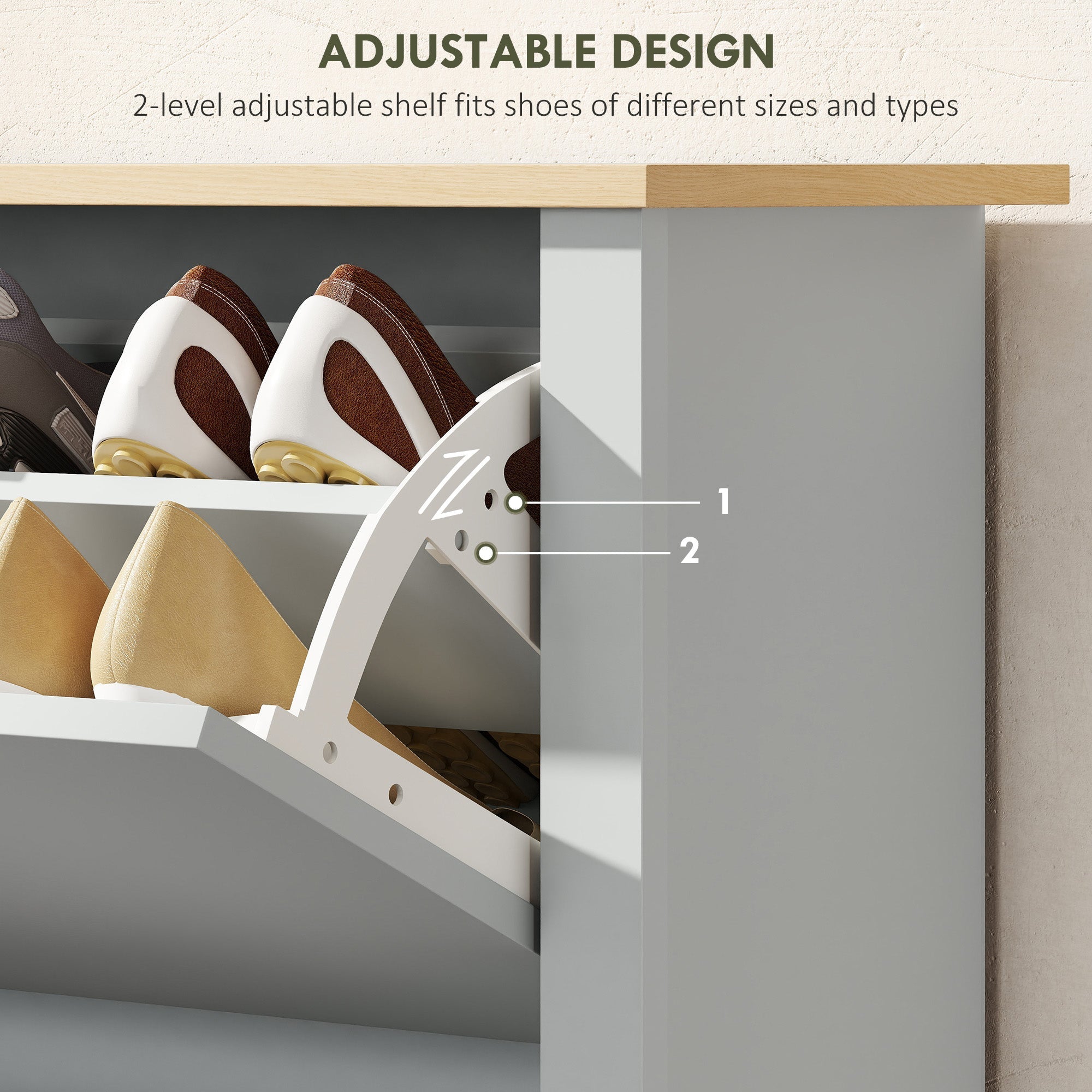 Adjustable two-level light grey particle board shoe cabinet with slim design and flip drawers for 12 pairs of shoes