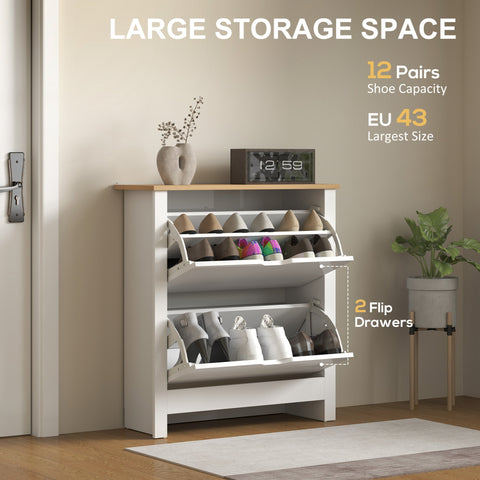 White wooden HOMCOM shoe cabinet with two flip drawers, adjustable shelves, particle board, and anti-tipping straps included