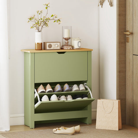 A sage green particle board shoe cabinet with light wood top and two pull-out shelves for 12 pairs 72l x 26dcm