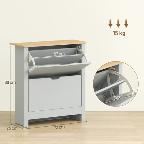 Gray and light wood top shoe cabinet with hinged pull-out shelf made of particle board 72l x 26dcm for shoe storage