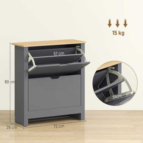 Gray and light wood particle board shoe cabinet with hinged pull-out shelf 72l x 26dcm for easy shoe storage