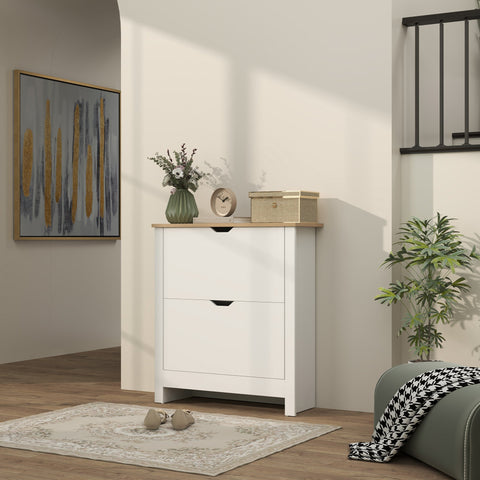 White slim shoe cabinet with particle board construction 2 flip drawers adjustable shelves anti-tipping straps included