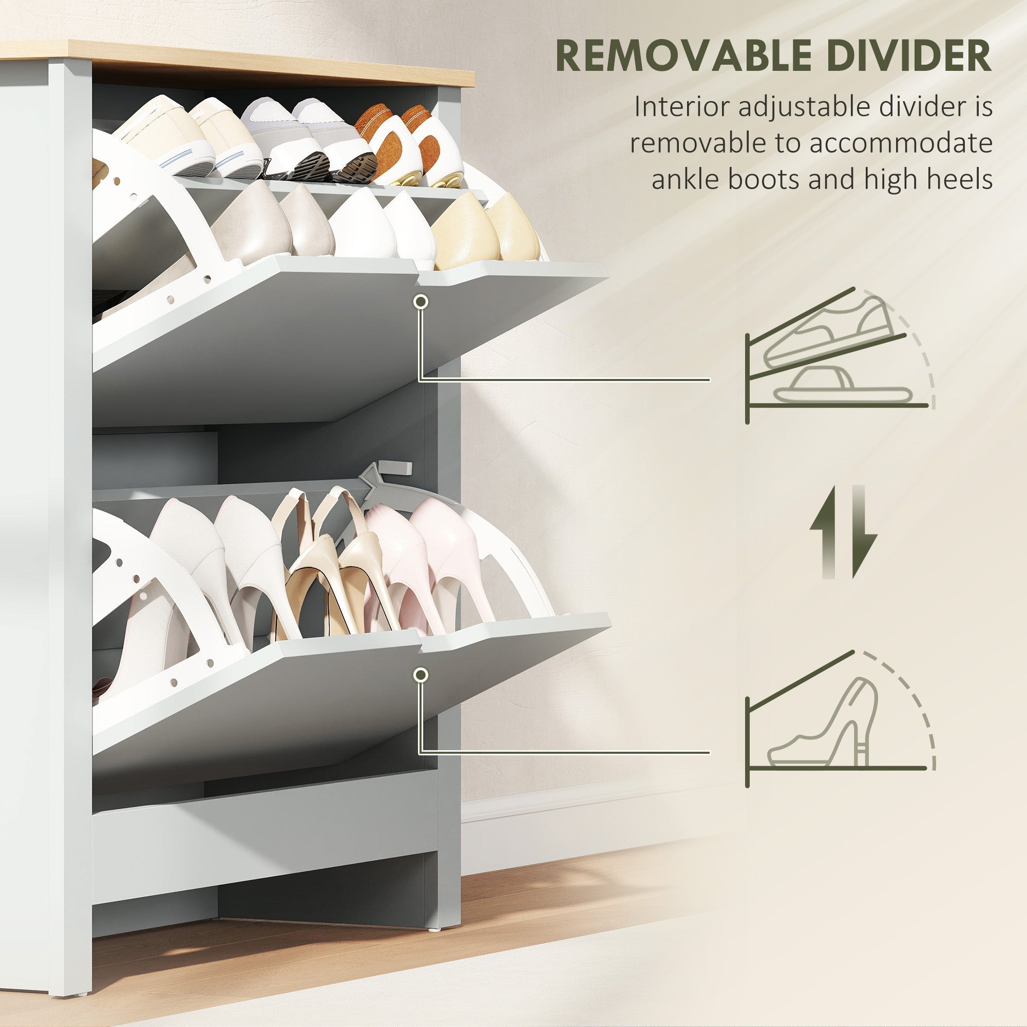 White multi-tiered shoe cabinet with adjustable removable dividers for boots and heels in light grey particle board