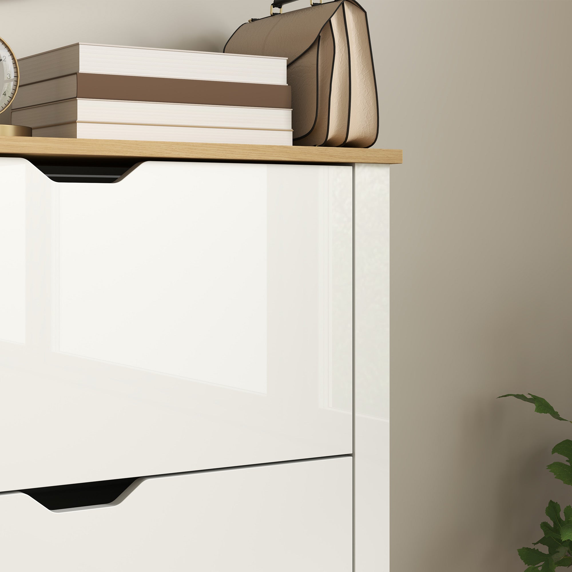 White high gloss particle board shoe cabinet with sleek black handles and anti tipping straps included for 12 pairs of shoes