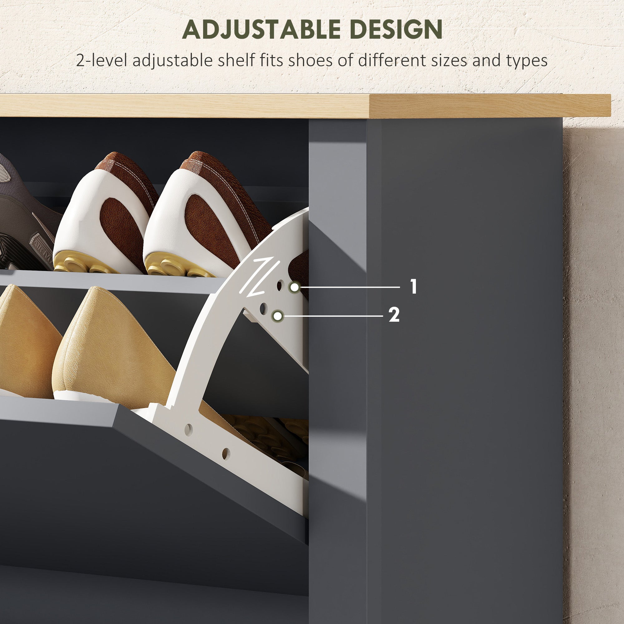 Adjustable two-level white and gray particle board shoe cabinet 72l x 26dcm for organizing shoes of different sizes