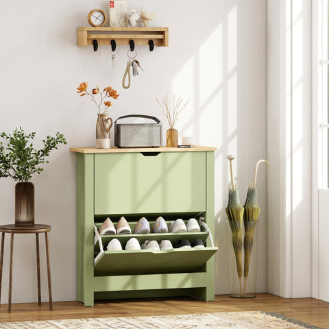 Mint green homcom slim shoe cabinet with wooden top particle board 2 flip drawers adjustable shelves 72l x 26dcm