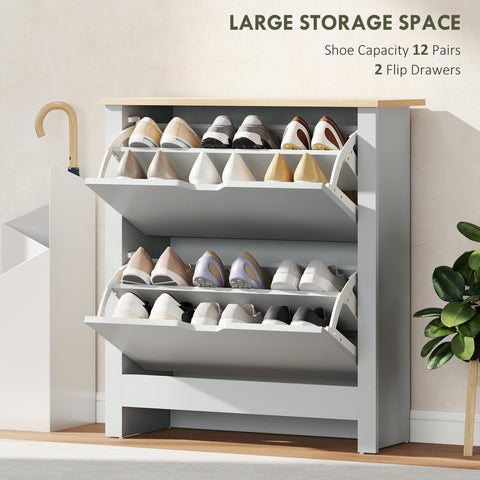Modern light grey particle board shoe cabinet with three tiers and two flip drawers for 12 pairs of shoes