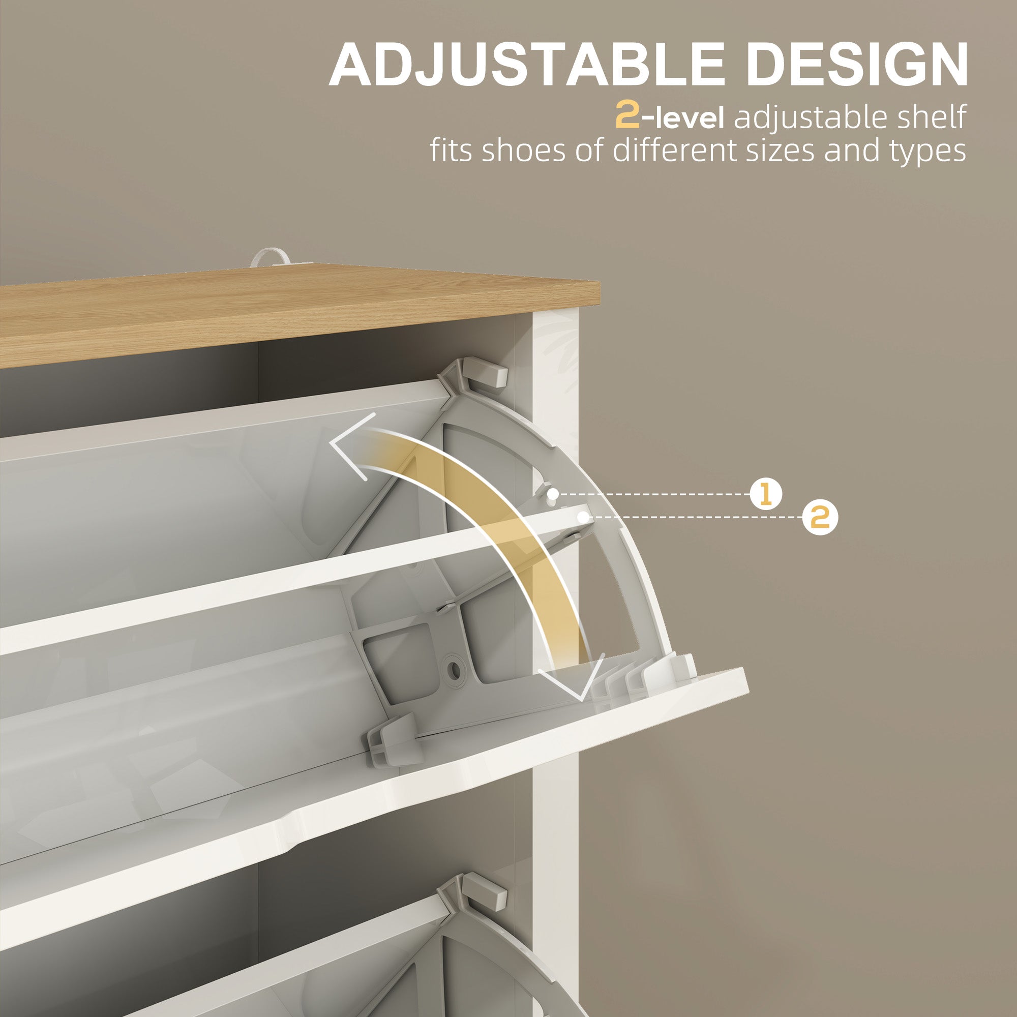 White metal shoe cabinet with particle board top and adjustable shelves for different shoe sizes anti-tipping straps included