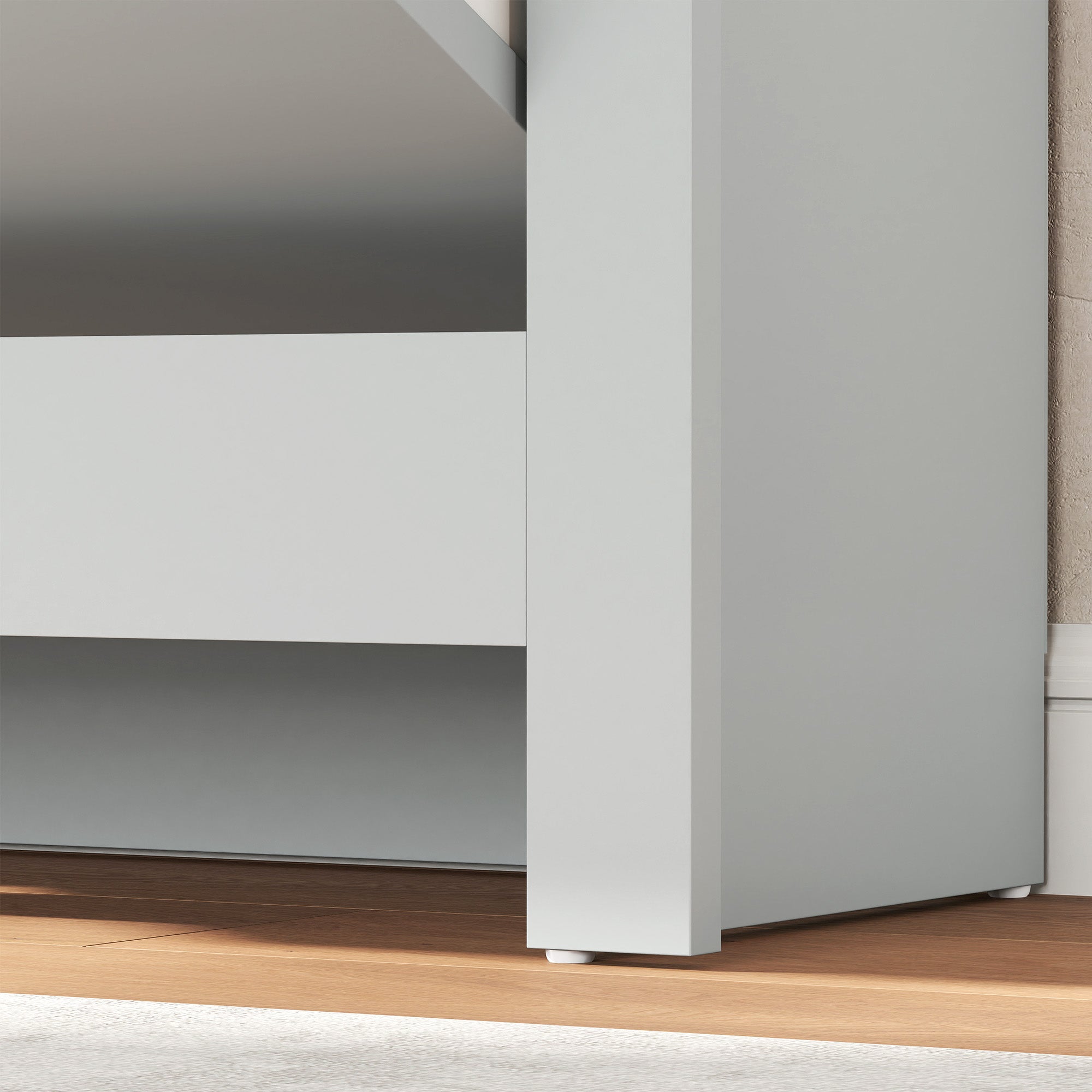 Gray modern slim shoe cabinet in light grey particle board with 2 flip drawers and adjustable shelves for 12 pairs of shoes