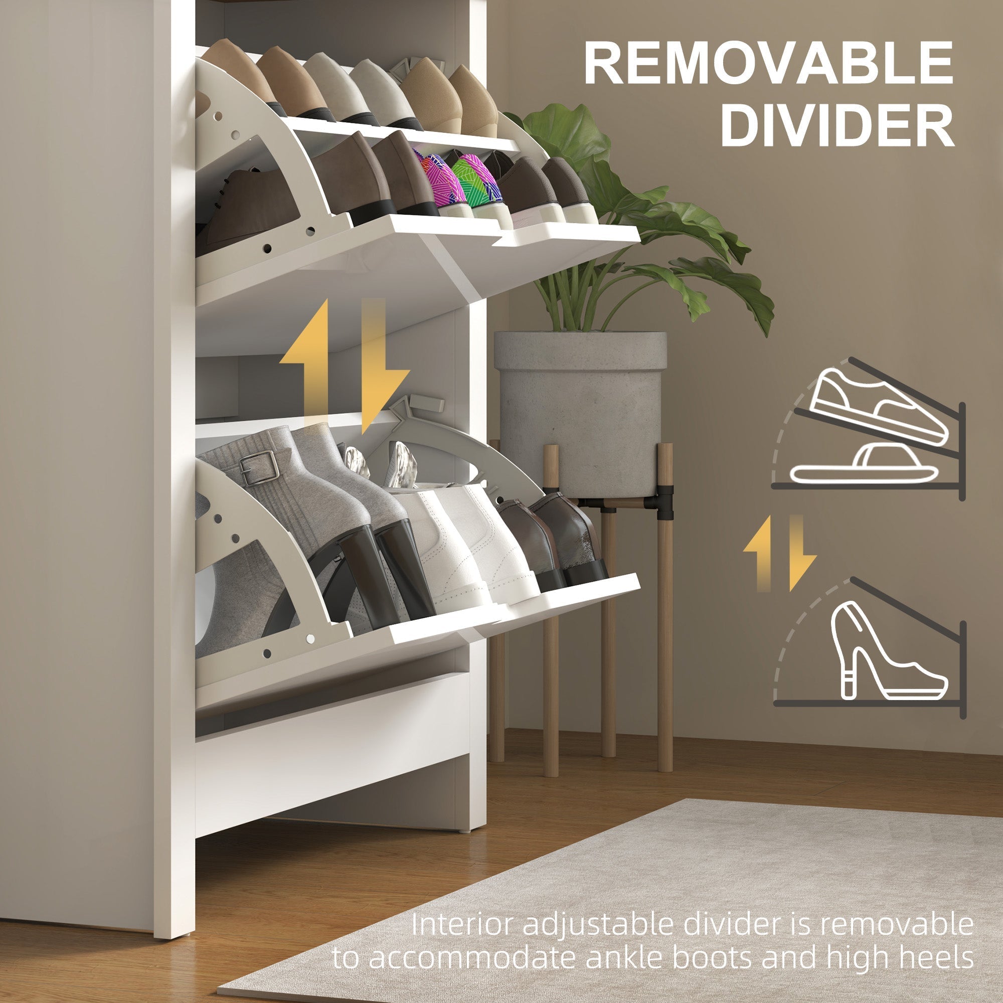 White multi-tiered particle board shoe cabinet with adjustable dividers and anti-tipping straps included for organizing shoes