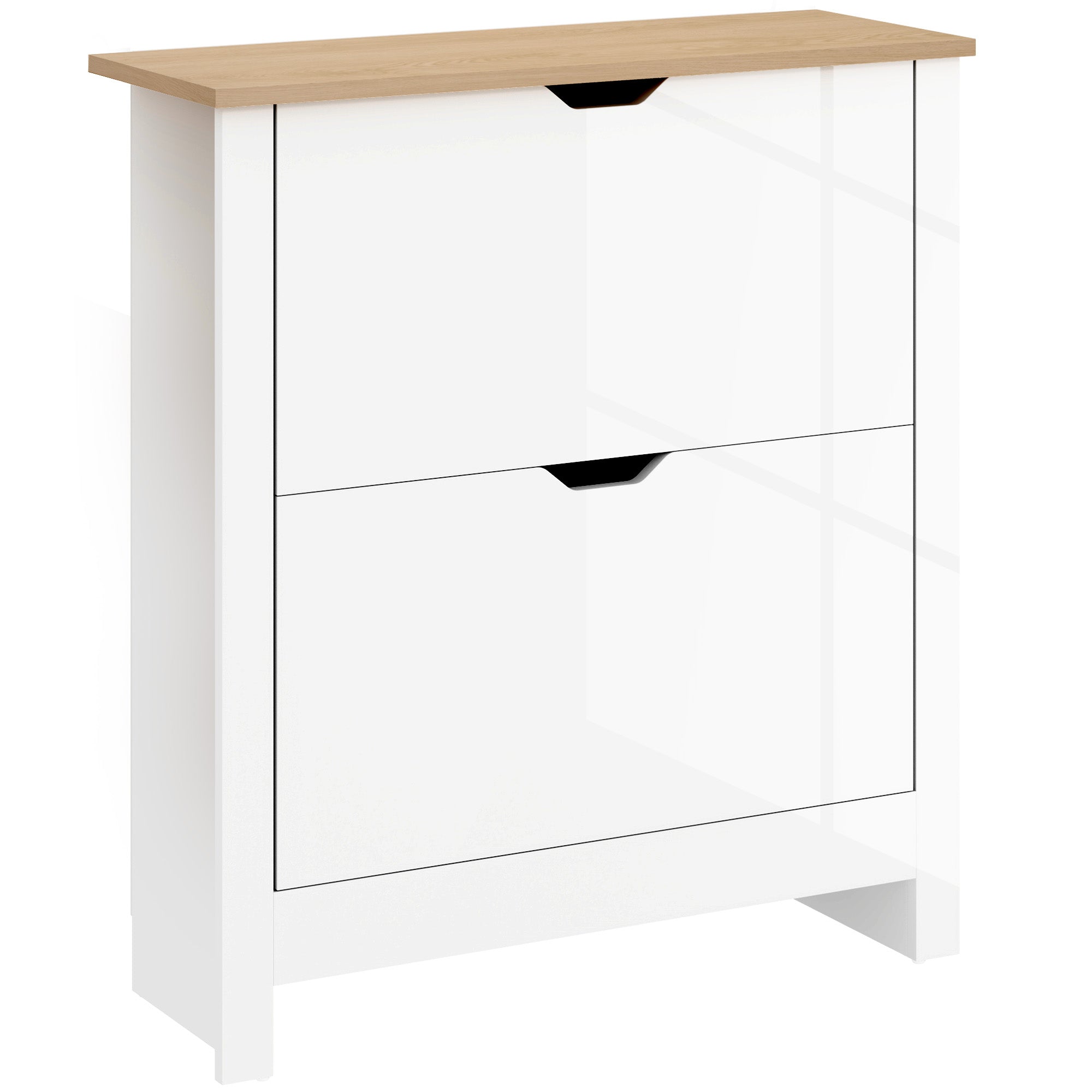 White gloss finish shoe cabinet with light wood top black handles particle board and anti tipping straps included