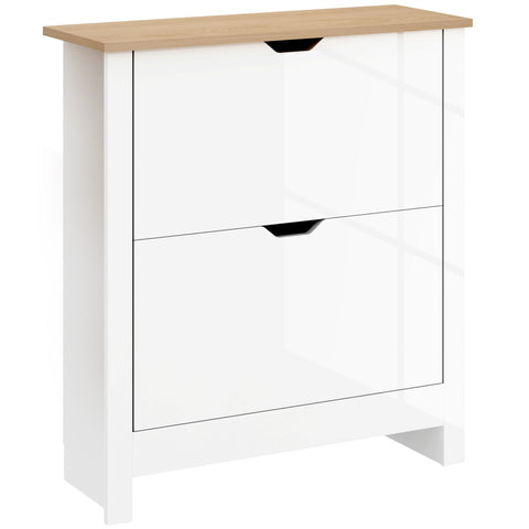 White gloss finish shoe cabinet with light wood top black handles particle board and anti tipping straps included